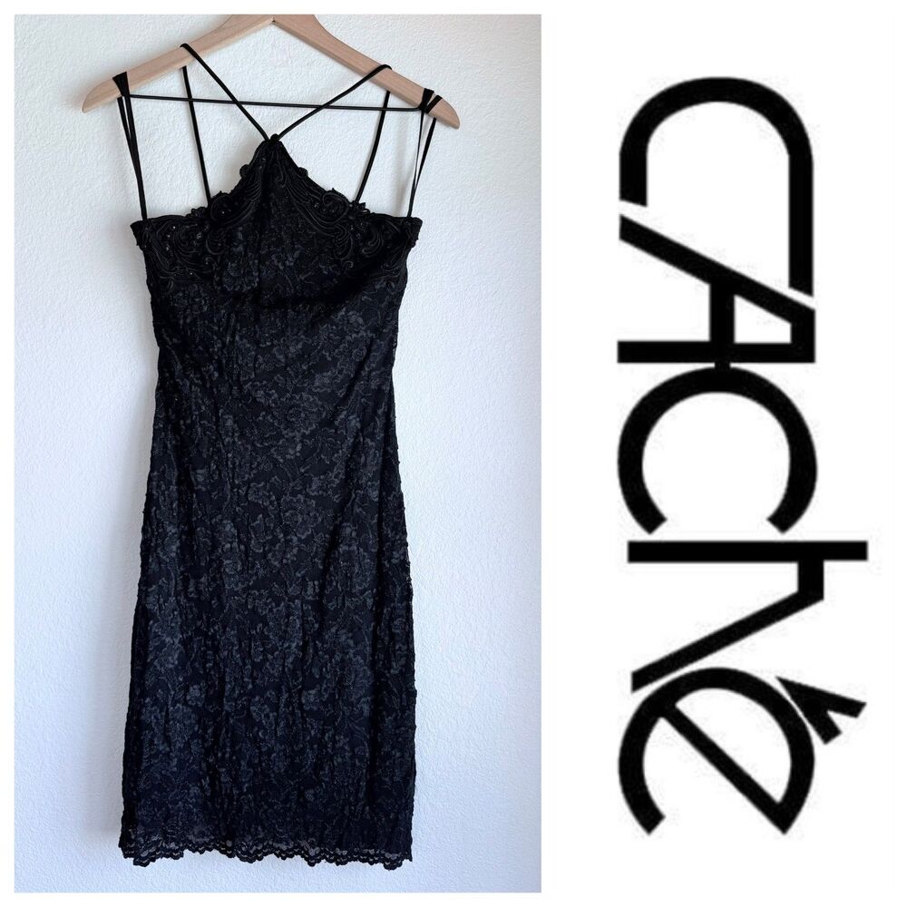 Vintage Cache Lace & Jewel Embellished Halter Neck Mini Dress in Black Size 6